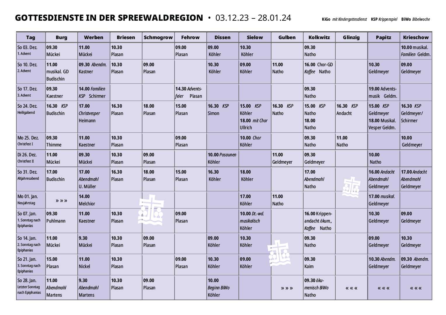 Gottesdienst-Übersicht bis Ende Januar 2024